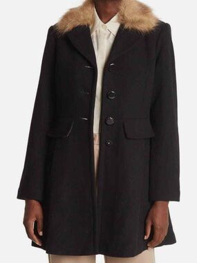 Kate Spade Wool Black Coat with Detachable Fur Collar Size Small